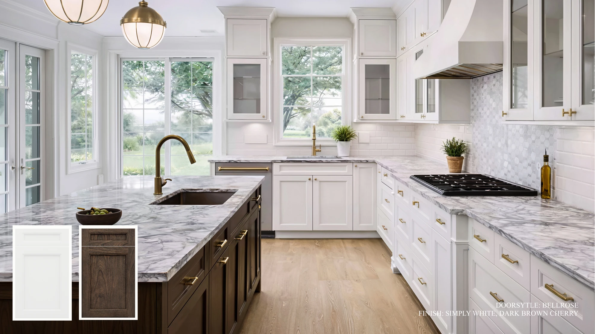 Modern Farmhouse cabinetry design 1, featuring Simply White, Dark Brown Cherry