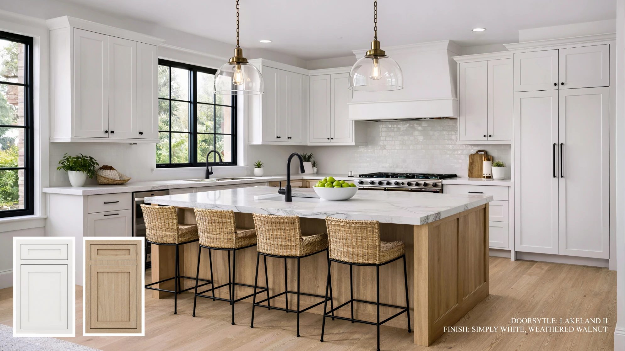 Modern Farmhouse cabinetry design 2, featuring Simply White, Weathered Walnut