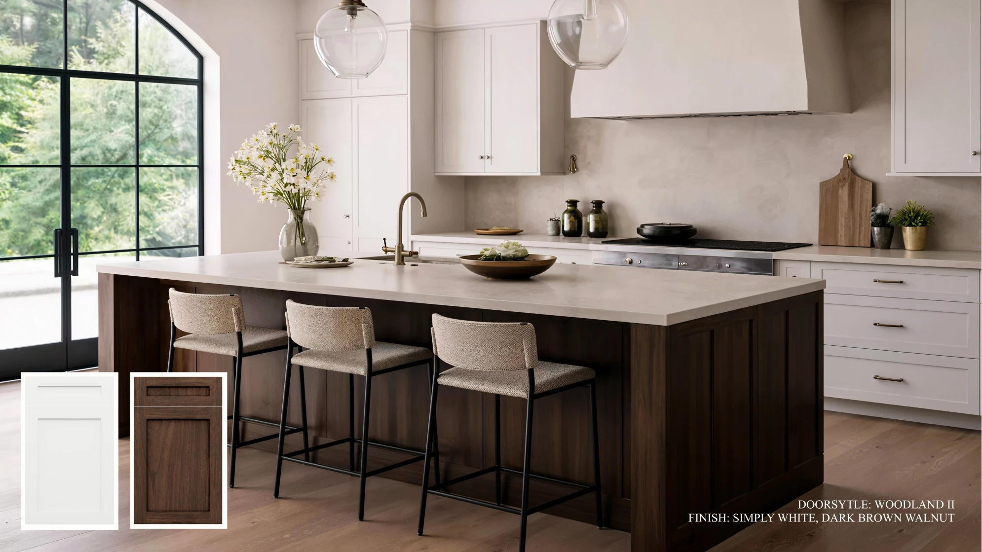 Organic Modern cabinetry design 1, featuring Simply White, Dark Brown Walnut
