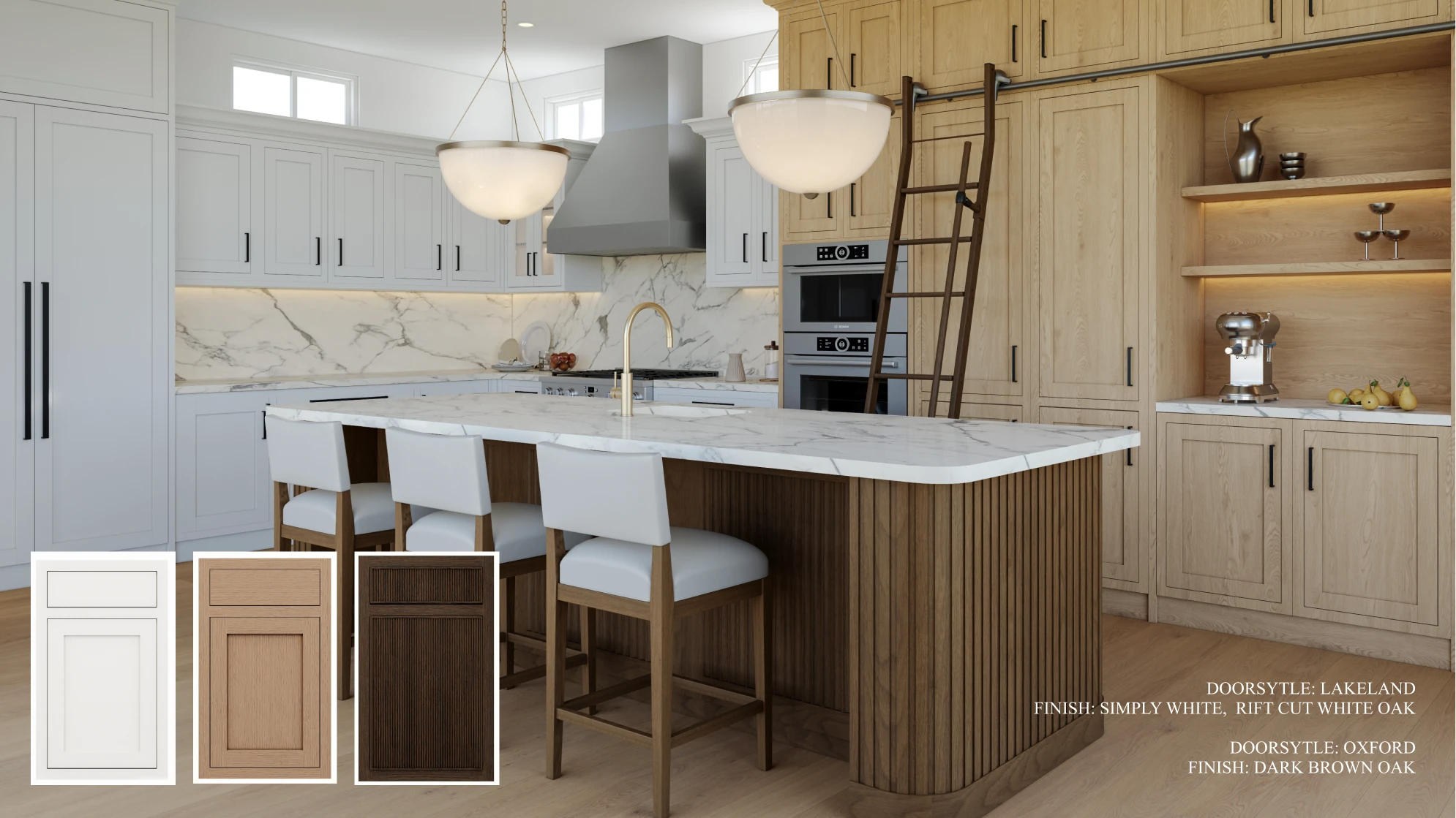 Refined cabinetry design 1, featuring Simply White, Rift Cut White Oak, Dark Brown Oak