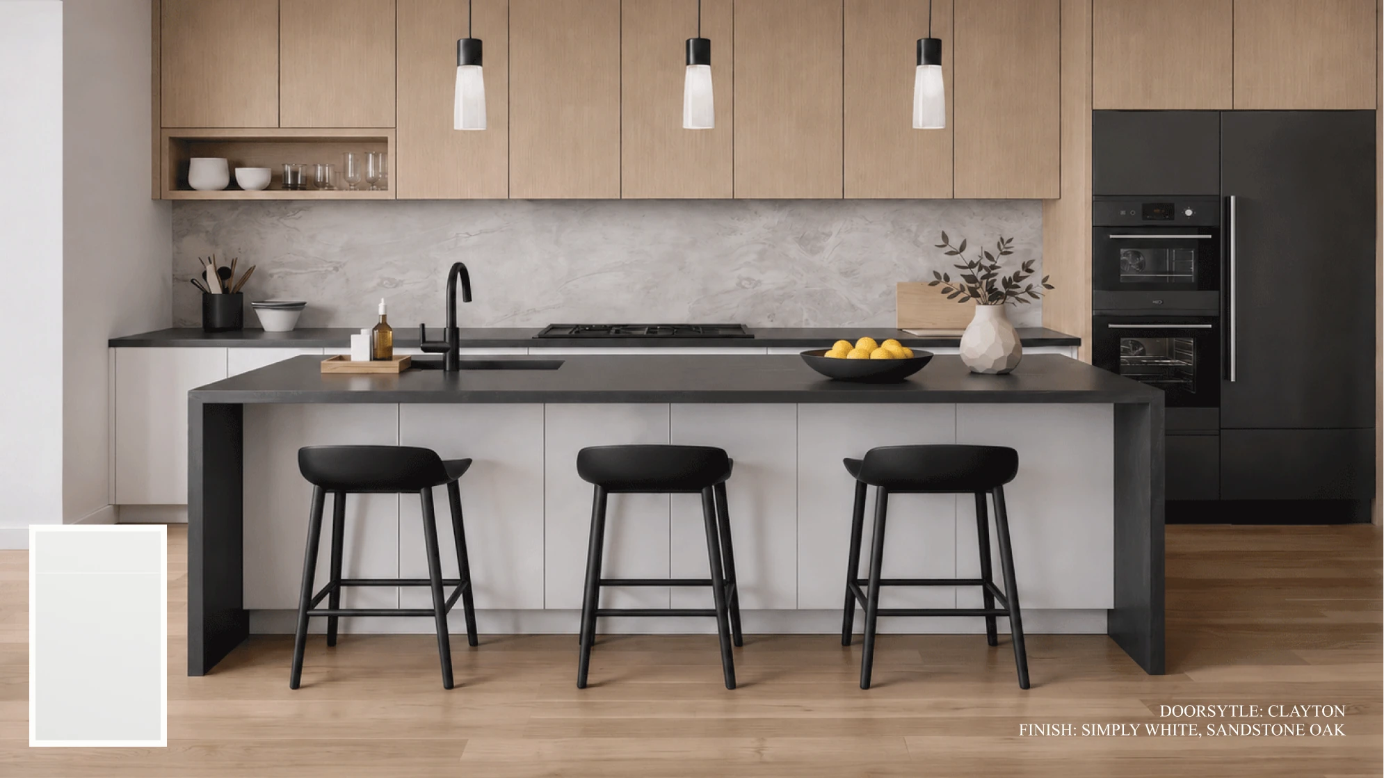 Warm Contemporary cabinetry design 3, featuring Simply White, Sandstone Oak